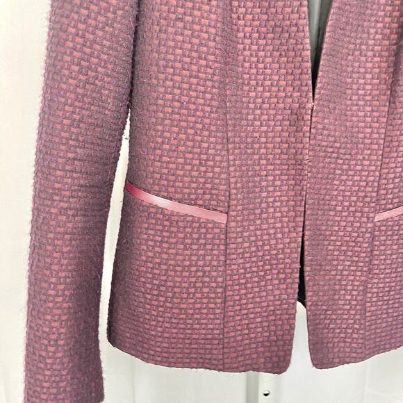LAFAYETTE 148 Tweed Jacket Blazer Jacket Wool blend Leather Trim Wine Red Size 4 - Picture 5 of 11